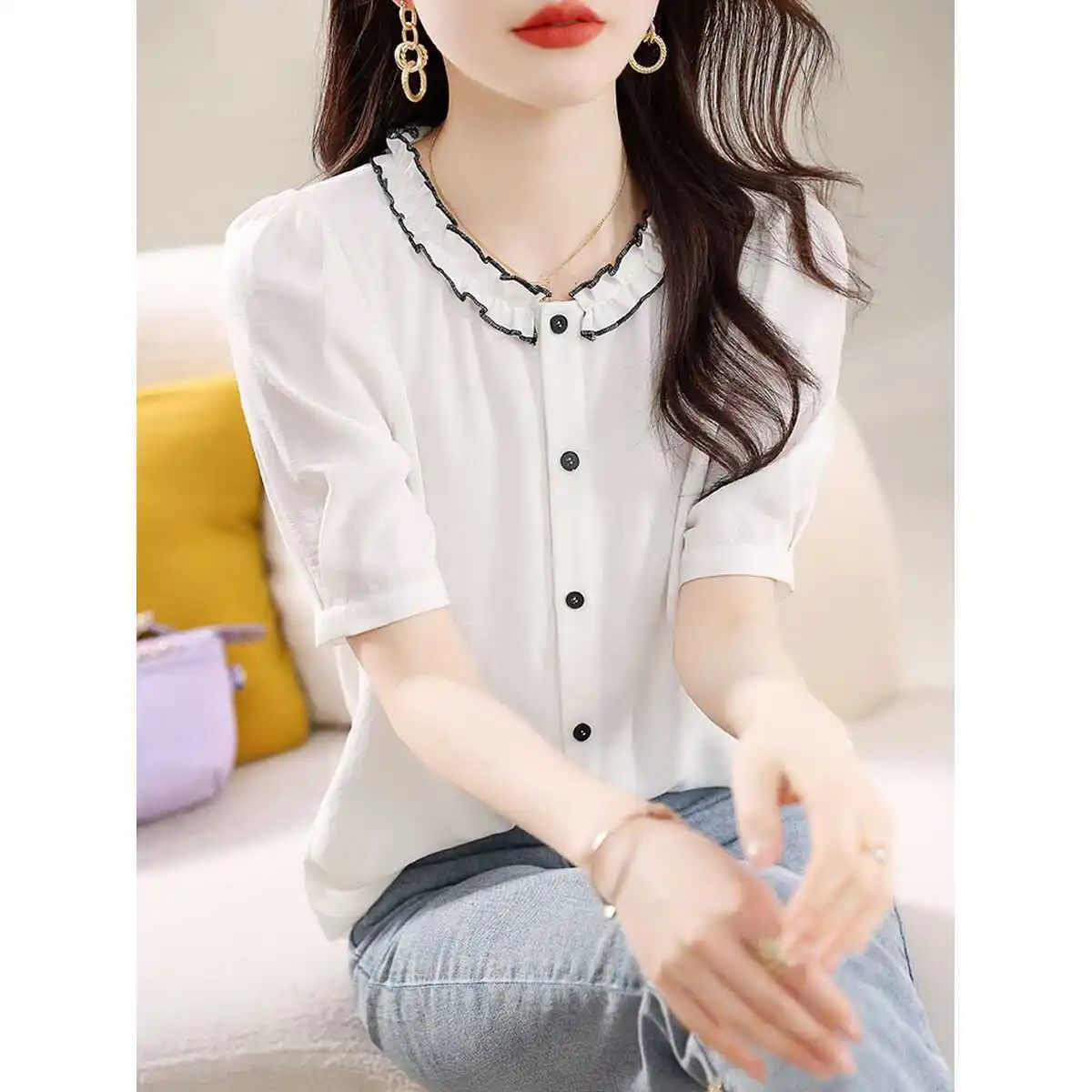 

Модный летний новый тонкий топ женская темпераментная рубашка с короткими рукавами 2025