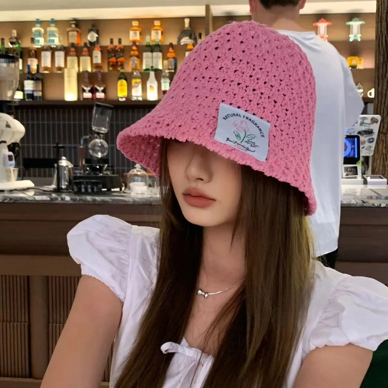 Summer Hollow Bucket Hats Women Korean Thin Breathable and Versatile Show Face Small Age Reduction Sweet Flower Patch Basin Cap