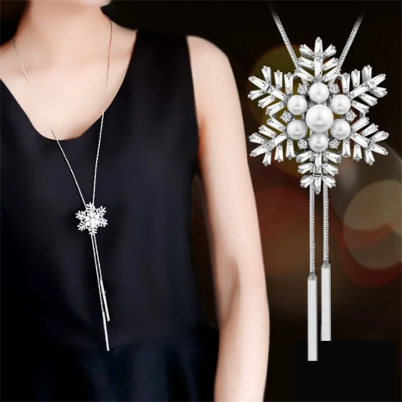 Snow Shaped Pink White Zircon Long Necklace Sweater Chain Fine Metal Cute Crystal Rhinestone Flower Pendant Necklaces Adjustable