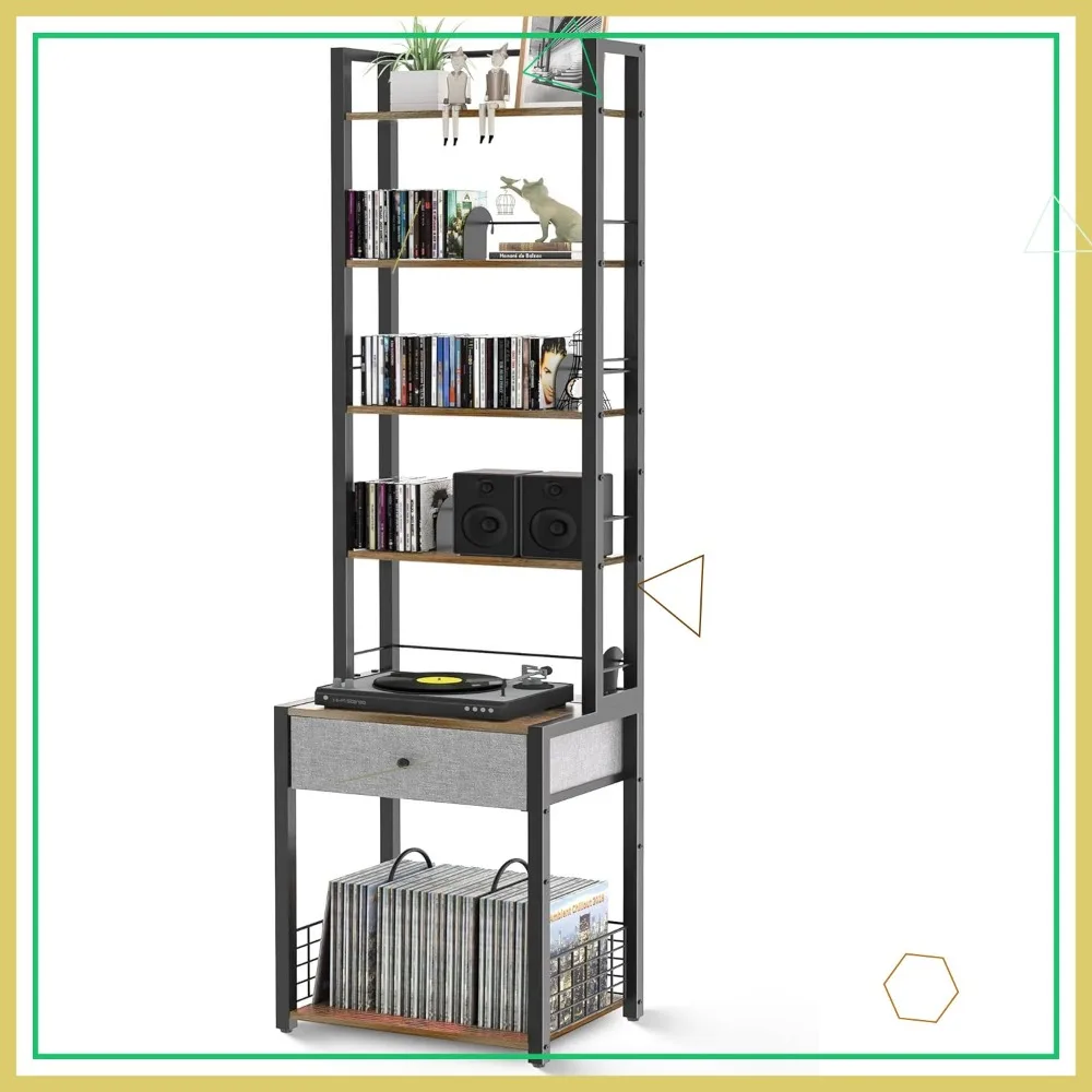 منظم وسائط مكون من 6 طبقات مع درج وسدادات قابلة للتعديل، يحمل أقراص مضغوطة/DVD/فينيل/كتب، 20.9 × 11.8 × 67.7 بوصة #1