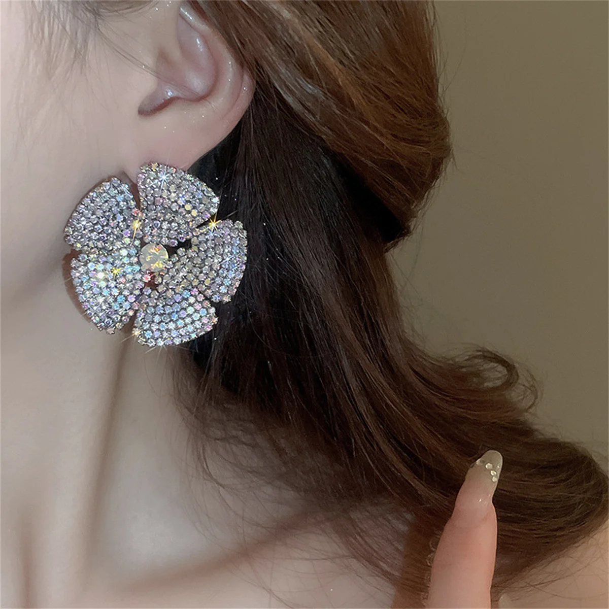 FYUAN Colourful Rhinestone Crystal Stud Earrings for Women Oversize Flower Crystal Earrings Party Weddings Jewelry