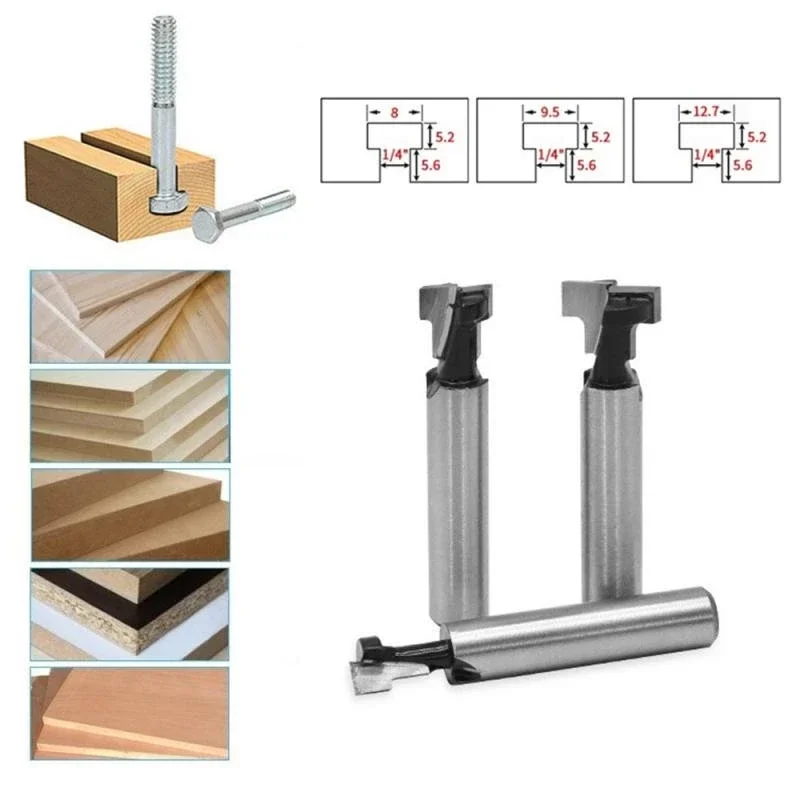 

8mm Shank T-Slot Keyhole Cutter Wood Router Bit Carbide Cutter For Wood Hex Bolt T-Track Slotting Milling Cutters 3pcs