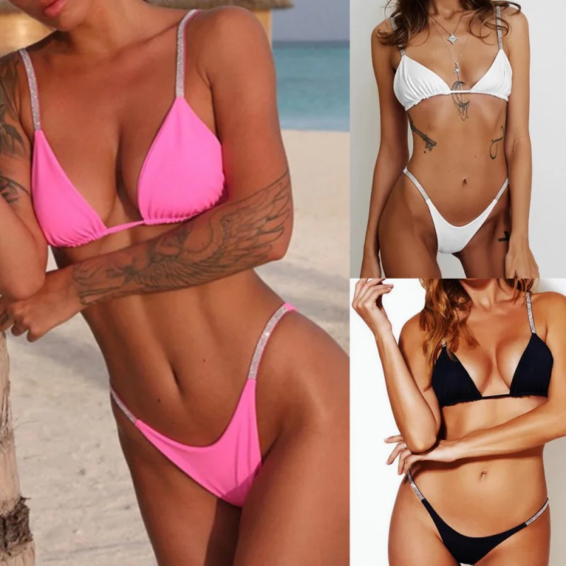 

New Diamond Bikini Sexy Hot Triangle Cup Solid Color Split Swimsuit Women's Hot Swimsuit