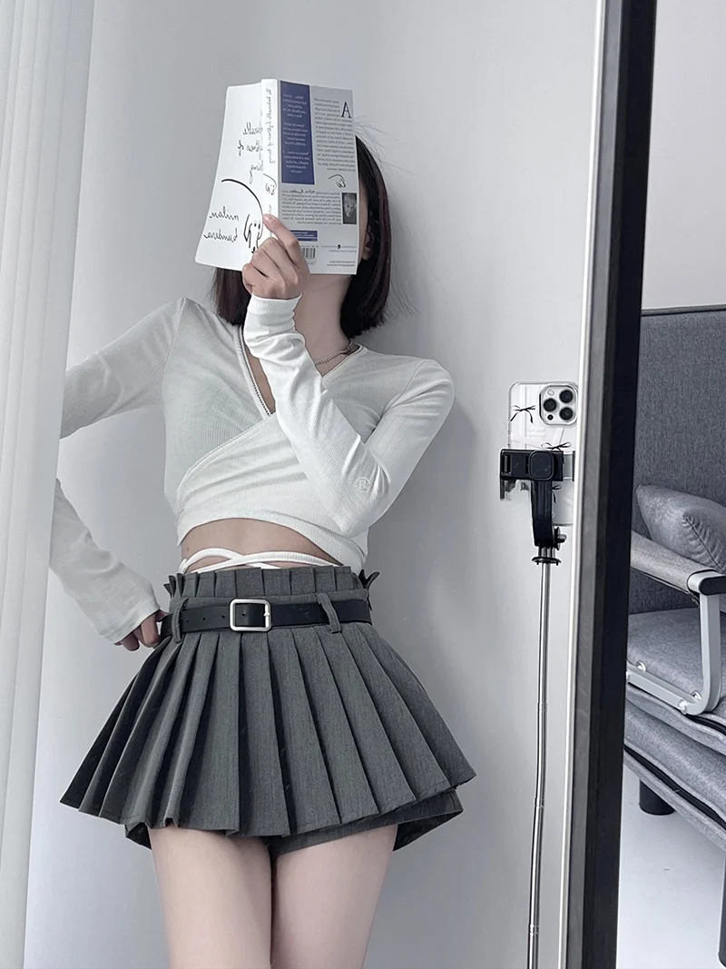 Sexy High-Waist Cotton Village Safety Pants Skirt A-Line Skirt Anti-Light Walking Pure Color Zipper Design Versatile Sho...
