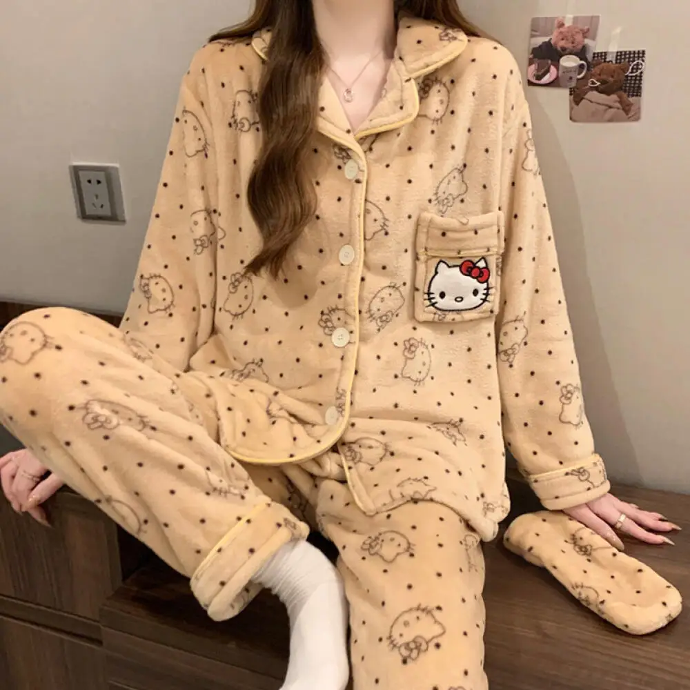 

Cute My Melody Winter 2Pcs Women Plush Pajamas Set Cartoon Hello Kitty Girls Thickened Home Clothes Kawaii Warm Nightwear