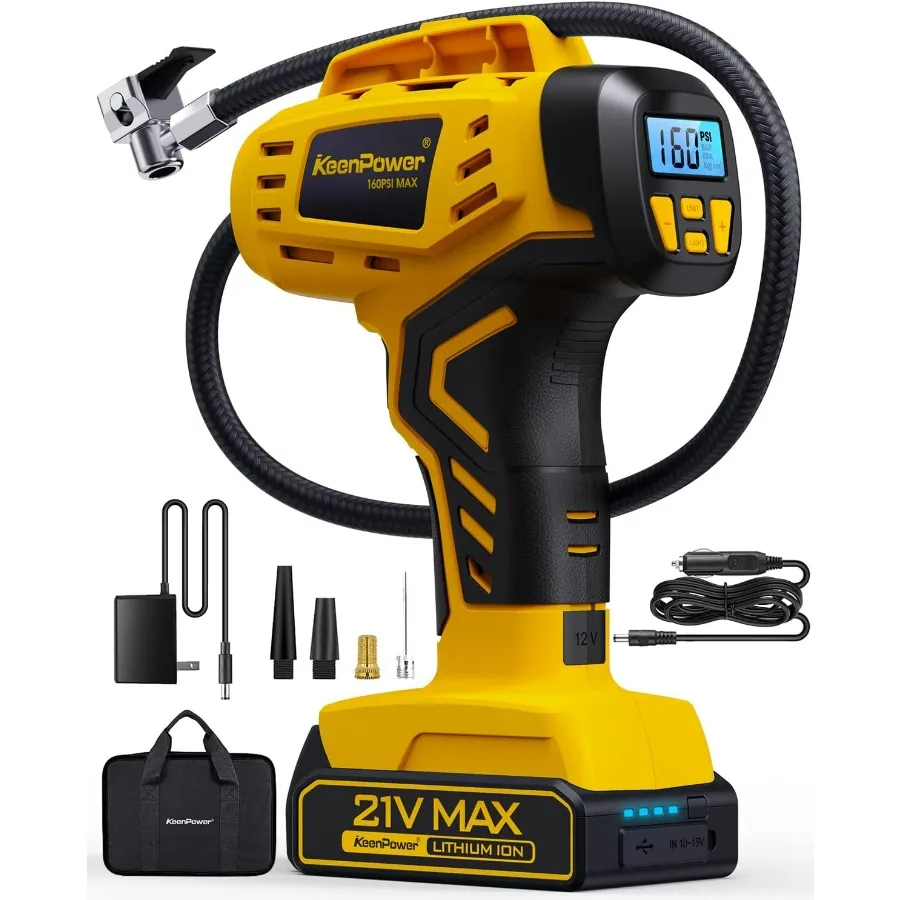 

Портативный насос для накачивания шин, 21 В, перезаряжаемый воздушный компрессор для автомобиля, мотоцикла, электронного велосипеда - 2 шт., 160 фунтов на квадратный дюйм, двойной режим питания, красный