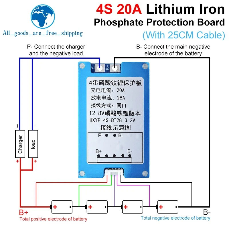 

Плата защиты и балансировки заряда BMS 4S 28A 12.8V 14.4V для LiFePO4 аккумуляторов с защитой от перегрева, радиатором и кабелем