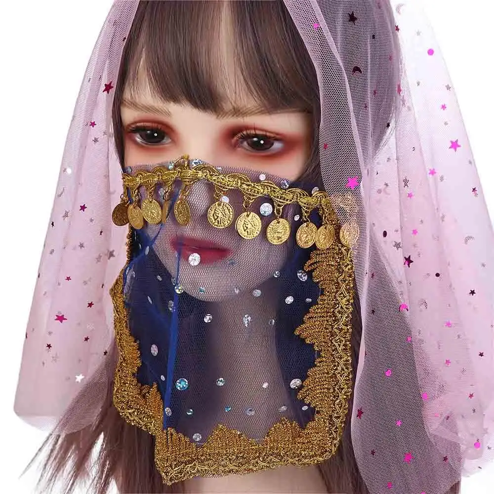 New Women Sequins Indian Dance Belly Dance Costumes Rhinestone Face Veils Mesh Performance Accessories
