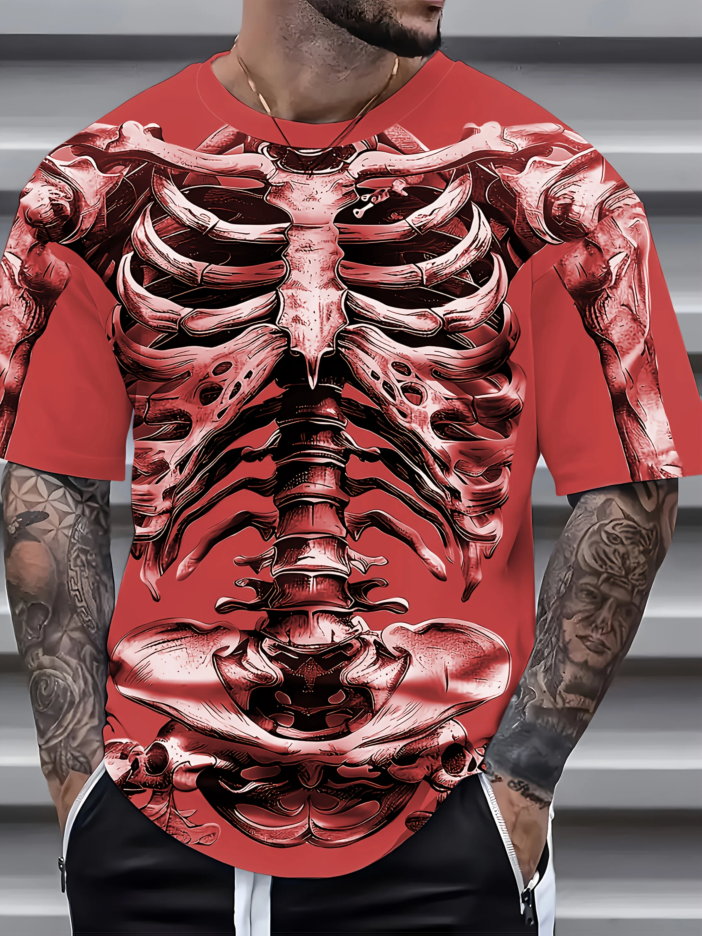 Men's Full Print Skeleton T-Shirt Grey Crew Neck Short Sleeve Gothic Skull Casual Streetwear Halloween Top