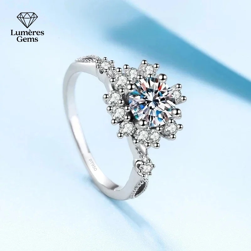 

Platinum PT950 Flower Ring for Women VVS1 D Color Diamond 0.5/1CT Moissanite Romantic Jewelry Resizable Engagement Certificate I