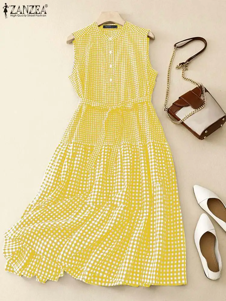 ZANZEA Women Summer Long Dress Fashion O-Neck Sleeveless Plaid Dress Holiday Beach Belted A Line Robes Casual 2025 Midi Sundress