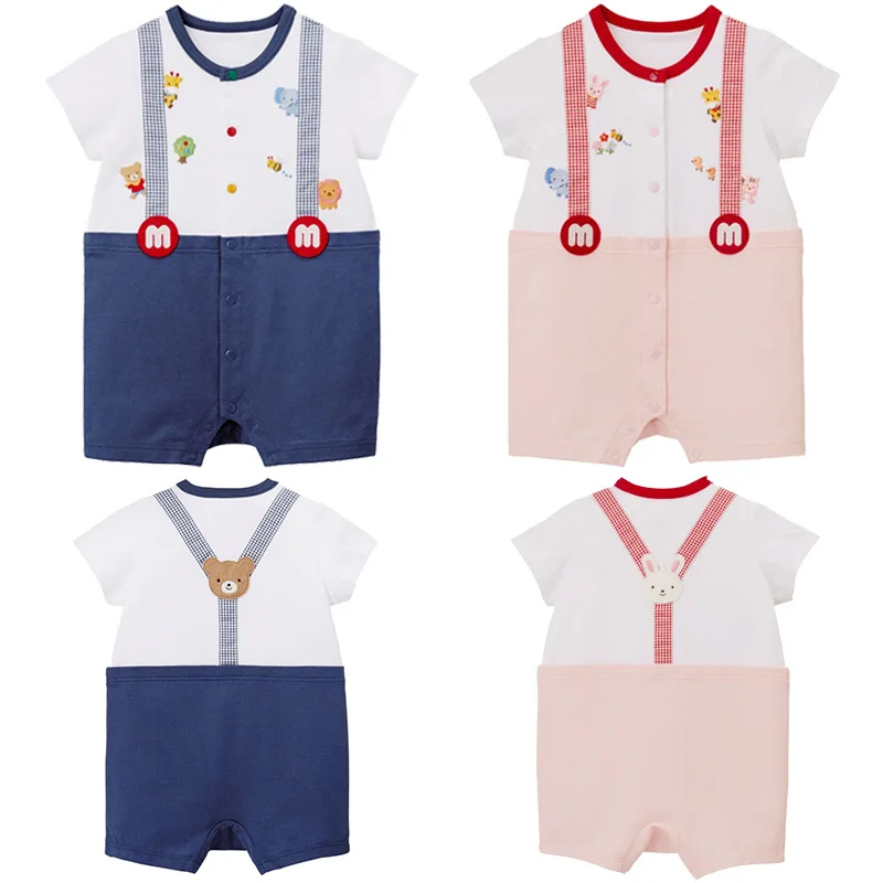 

Summer Baby Jumpsuits Cartoon Bear Rabbit Strap Splice Newborn Bodysuit Creeper Short Sleeve Baby Girl Clothes Bebes Ropa Bebe