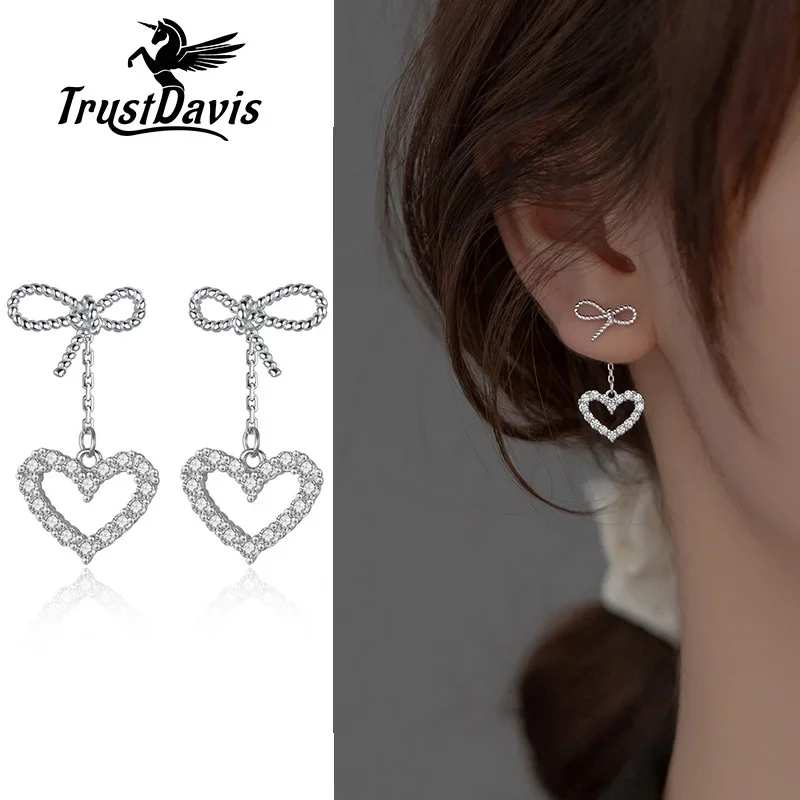 

TrustDavis Real 925 Sterling Silver Fashion Bowknot Heart CZ Stud Earrings For Women Wedding Birthday Present Jewelry DA3165