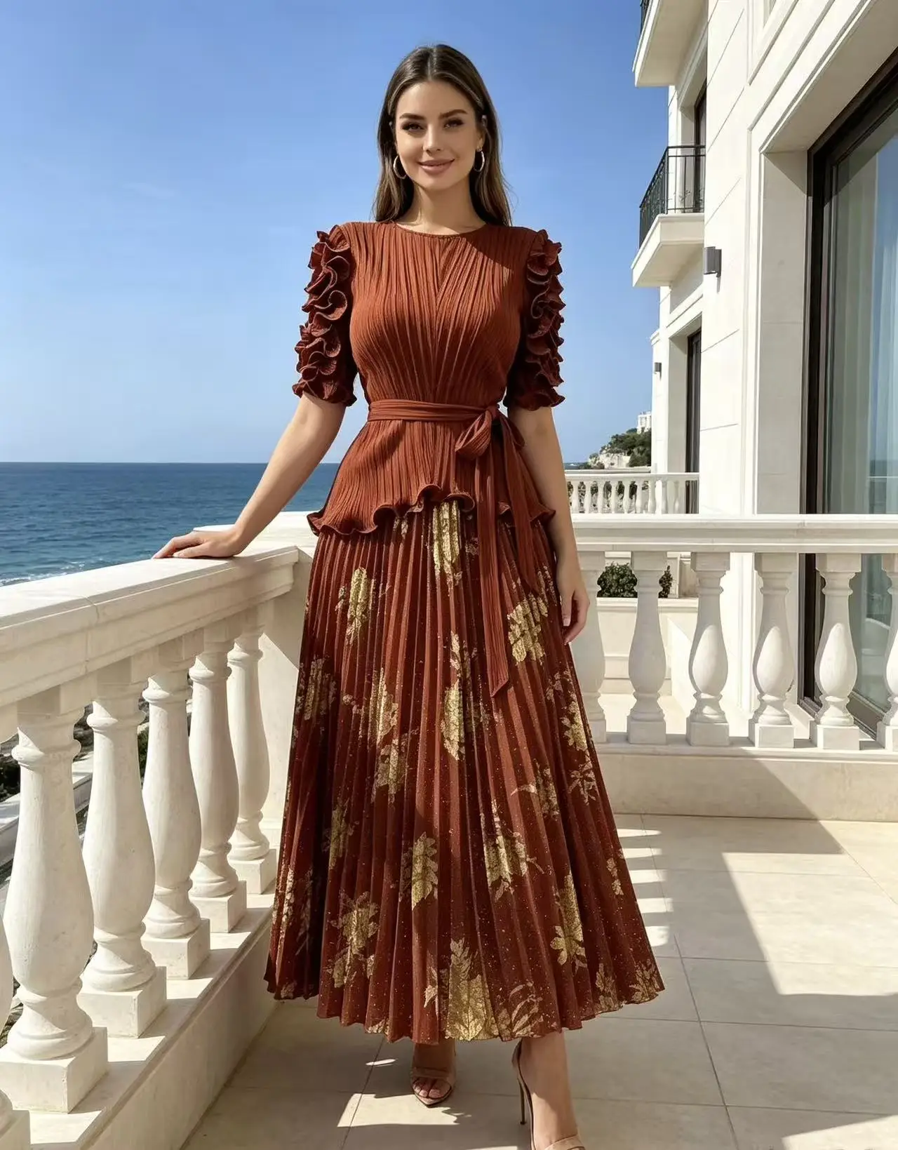 Miyake Pleated Two-piece Set Fungus Edge Waist Top Loose Pleated Skirt Bronzing Hot Diamond Skirt Set Women's Clothing