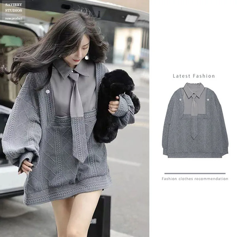 

4XL Knitwear Stitching Sweater Coat Women's New Spring Autumn Korea Retro Gentle Lazy Wind Sweater Female Long Sleeves Warm Top