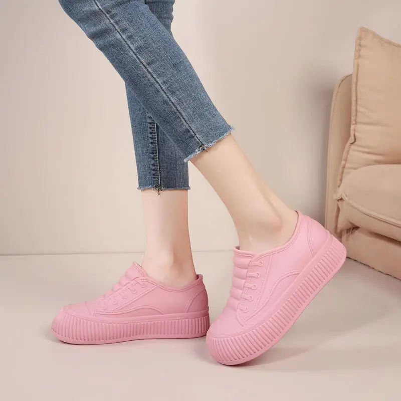 2025 spring high top ankle fur sneakers ladies waterproof PVC galoshes New green elevator rain shoes for women