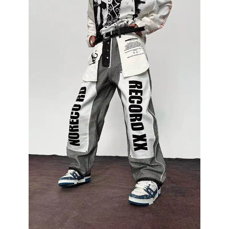 

American Street Style Patchwork Embroidery Design Loose Straight Leg Jeans Original Blue Men's Casual Retro Fit Jeans