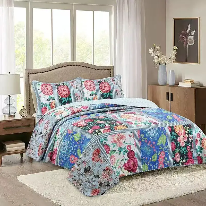 3pcs Pure Cotton Quilted Bedspread Set Queen Size Floral Colorful Patchwork Quilt Double Bed Cover Summer Blanket Non-slip Sheet