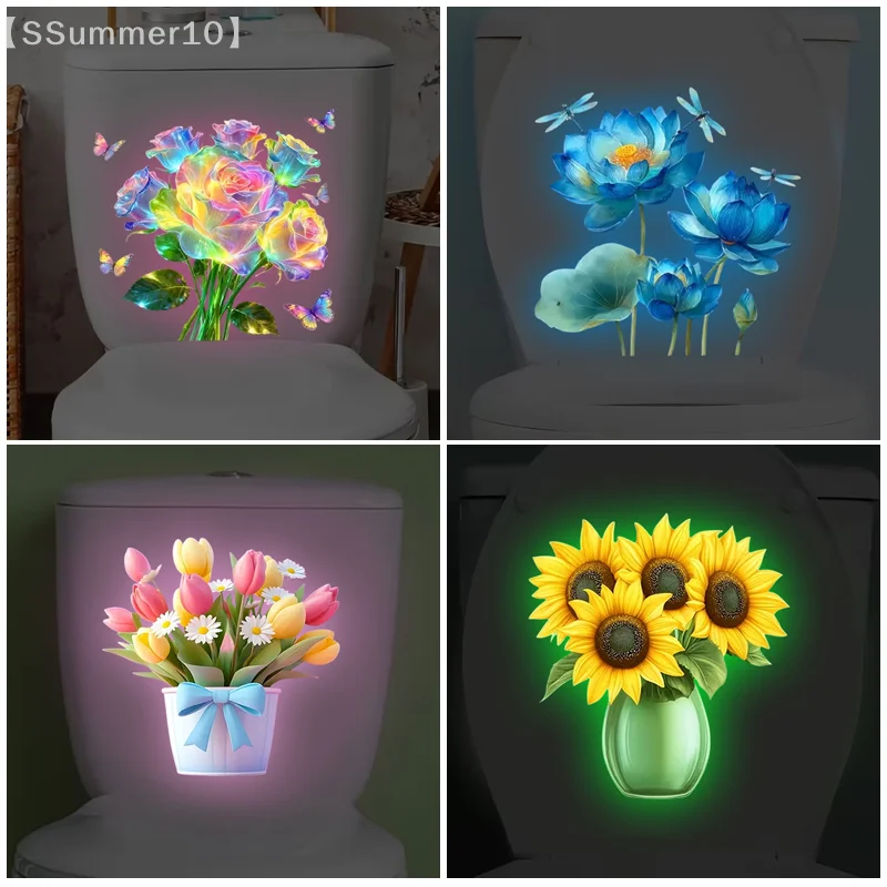 【SSummer10】Glow-in-the-Dark Luminous Flower Toilet Sticker - Removable Self-Adhesive Home Decor Decal for Bedroom Living Room
