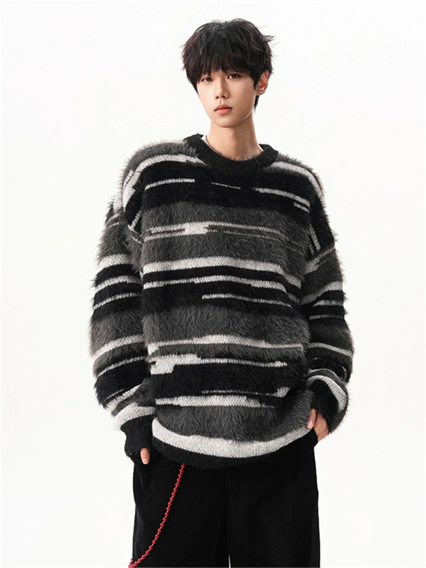 

Парный вязаный свитер для мужчин: осенне-зимний, уютный, мягкий, теплый, модный, брендовый, в полоску, модель M, цветной блок