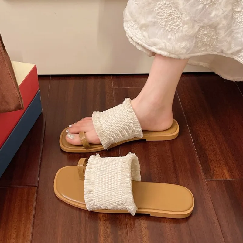 2026 Cotton Fabric Flat With Fringe Slides Ouside Woman Slides Round Toe Beige Flip Flops Slip On Slipper sandalias