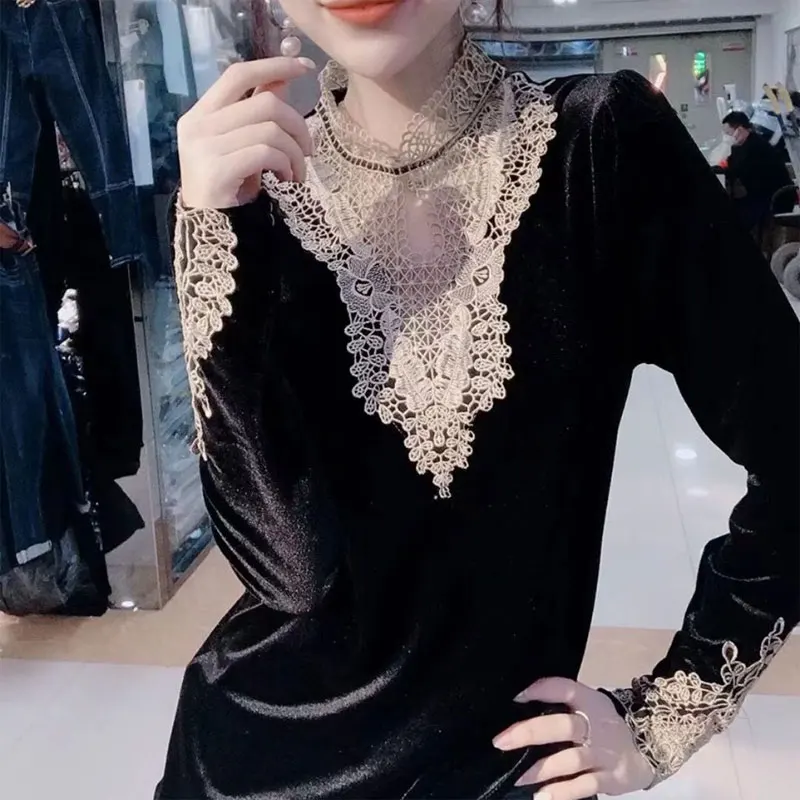 Elegant Lace Hollow Out Spliced Blouse Autumn Winter Slim Long Sleeve Basic Women's Clothing Casual Stand Collar Vintage Shirt