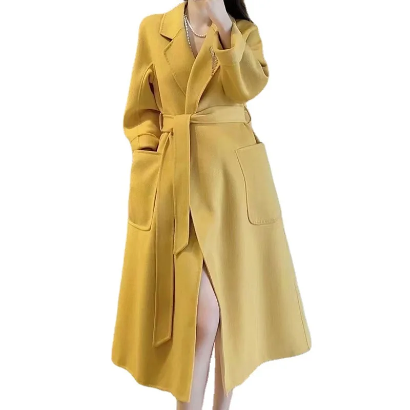 2024 Popular High End Water Ripple Double-sided Wool Coat Women Long Bathrobe Style Autumn Winter Jacket Coat  Female Luxury