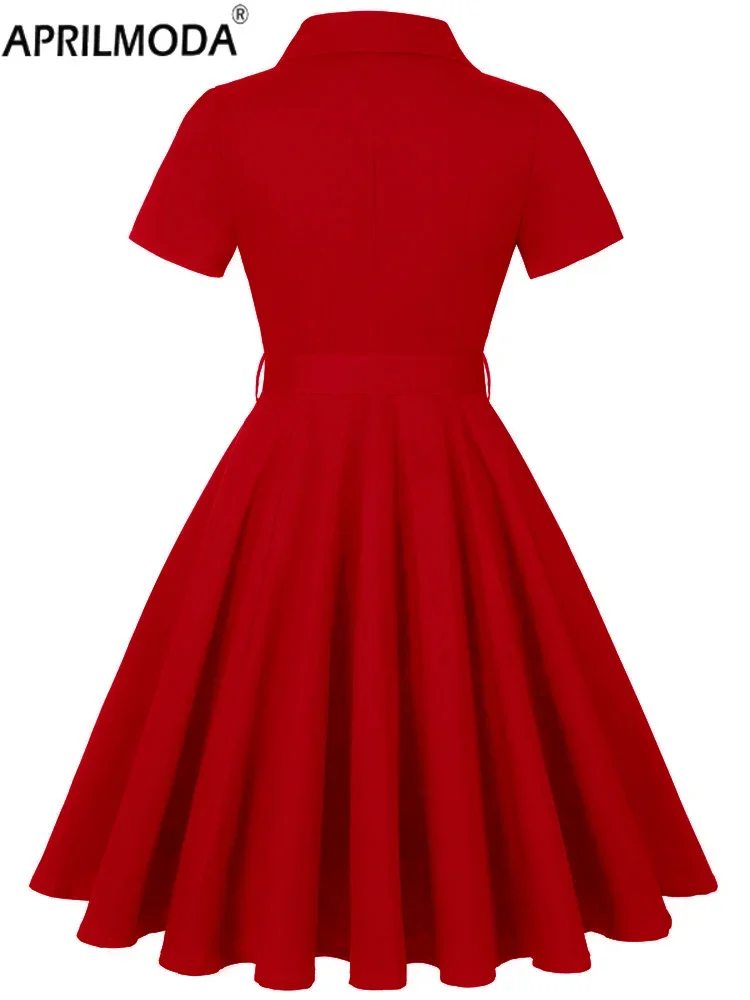 2024 Summer Red 50s 60s Rockabilly Runway Pleated Dress Vintage for Women Solid Short Sleeve Retro Cocktail Dress