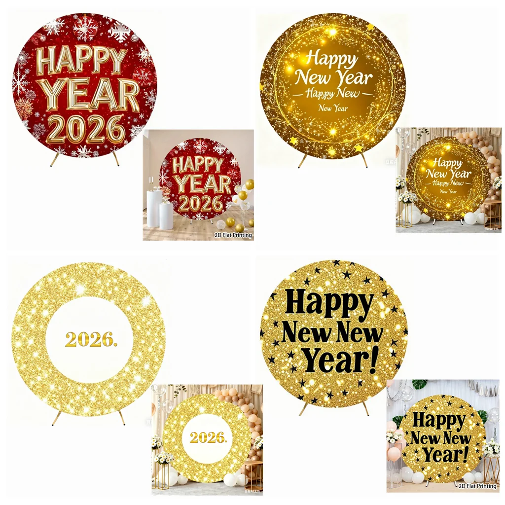 

2026 New Year Round Background Cloth With Snowflake Gold Glitter And Star Elements For New Year Eve Party Photo Decoration Prop