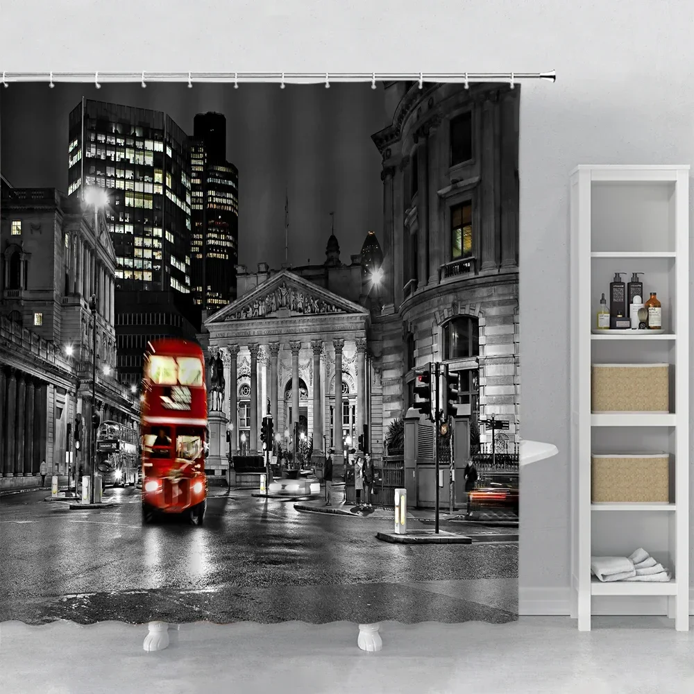 Red Bus Shower Curtain London Vintage Street Scene Romantic City Retro European Classic Nostalgia Bathroom Decor Set With Hooks