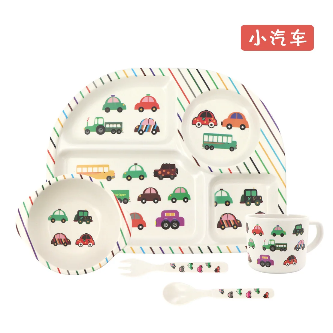Picture 6: 5pcs Creative Bamboo Fiber Children Tableware Set Cartoon Grid Dinner Plate Rice Bowl with Cup Fork Spoons for Home Kindergarten