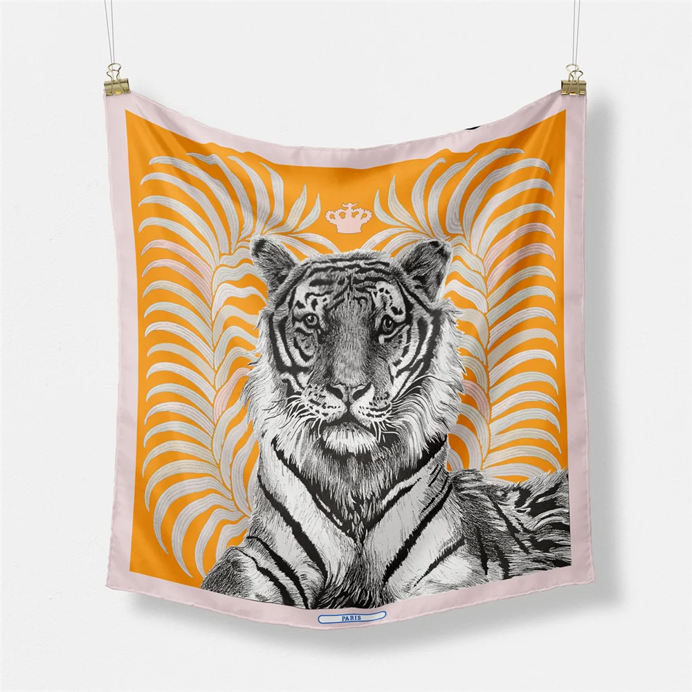 Twill-Seidenschal für Damen, indischer Tiger-Druck, quadratische Schals, Wickel, Bandana, kleine Hijabs, Seidenfoulards, Krawatte, Stirnband, Halstuch, 53 cm – Detail 19