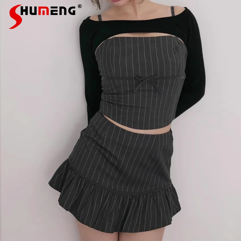 

Japanese Lolita Style Sweet Suit Vertical Striped Slim Fit Camisole + Mini Skirt + Long Sleeves Knitted Cardigan Three-Piece Set