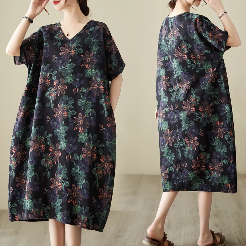 

V-Neck Cotton Lin Loose Casual Retro Ethnic Style plus Size Women's Dress Anti-Aging High-End Fashionable M-Size Dresses