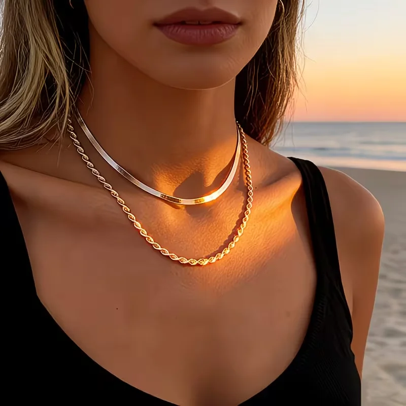 Hot Classic Unisex Flat Snake Chain Choker Necklace For Women Stainless Steel Double Layered Simple Collier Fashion Jewelry Gift