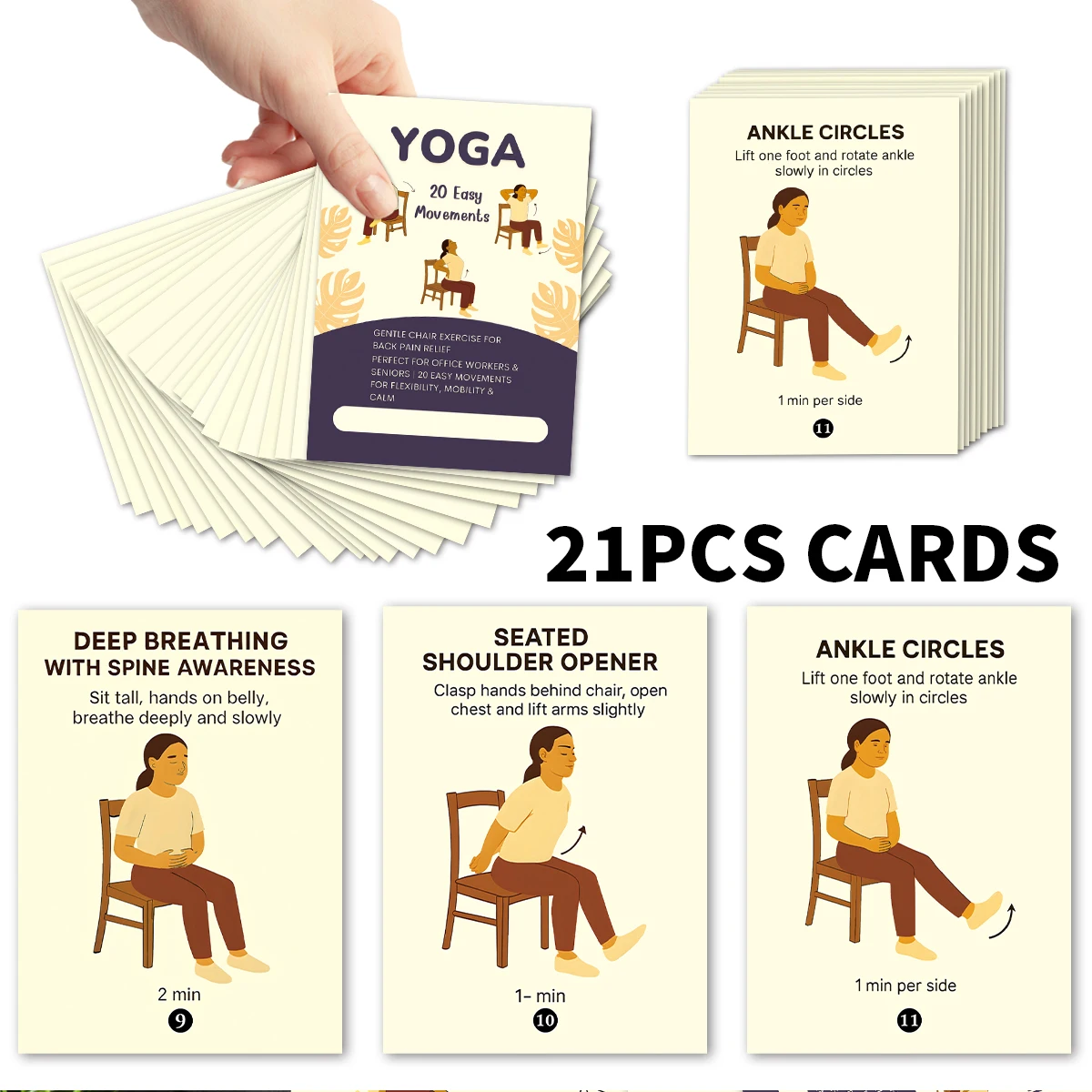 21 tarjetas de Yoga sentado, posiciones de movimientos de silla fáciles, guía de paso ilustrada, tarjetas de equipo de Fitness para instrutores de Yoga