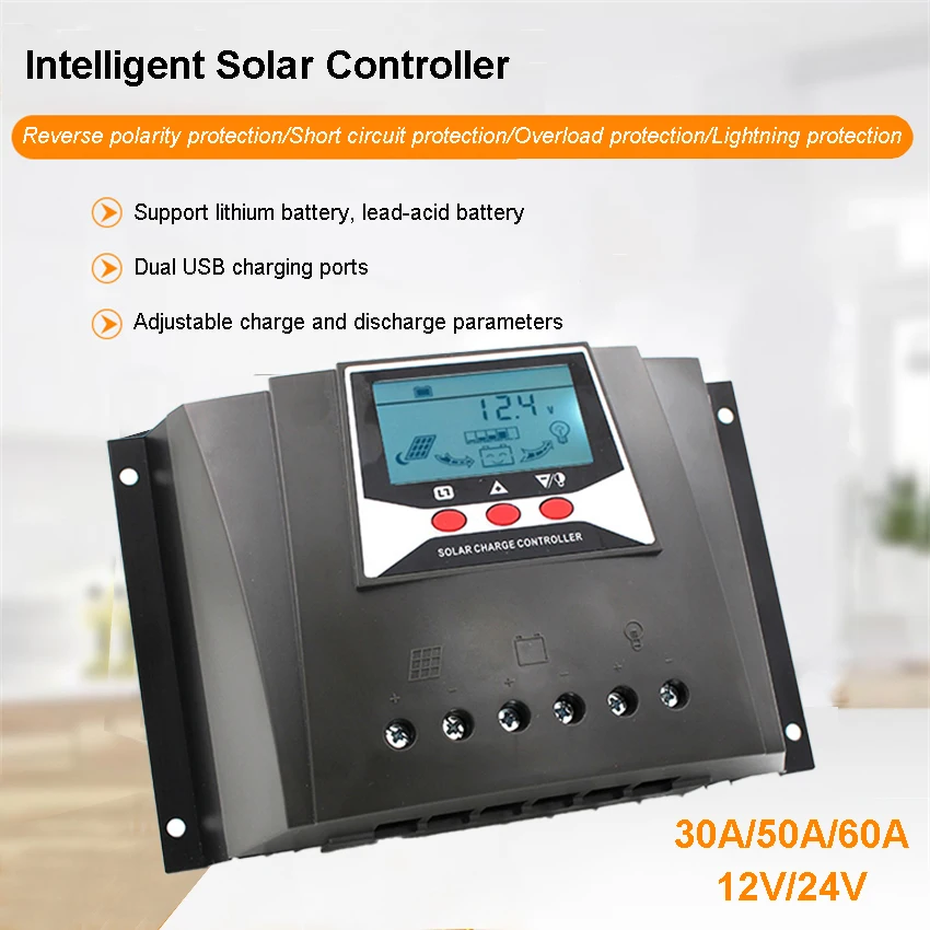 PWM Solar Charger controller 30/50/60A AMPS Solar Panel Backlight voltage control 12V24V Support Auto lithium Battery