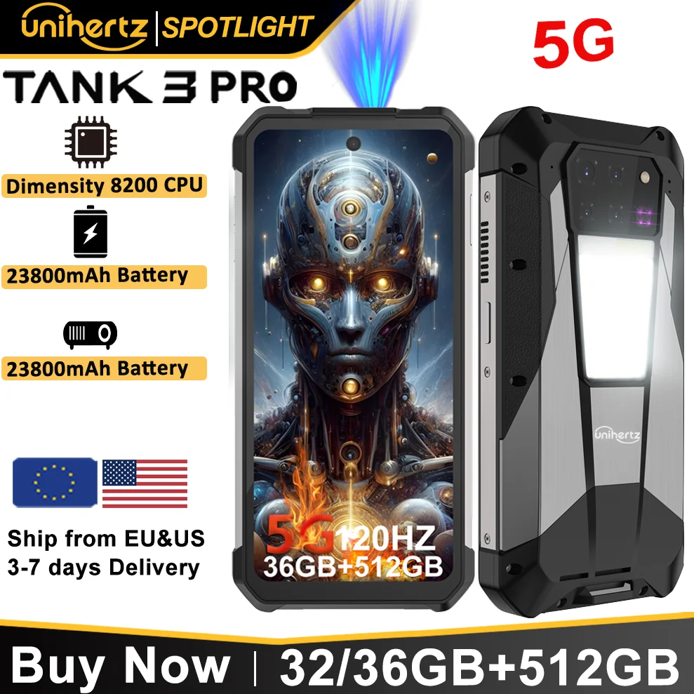 Unihertz Tank 3 Pro 8849 Smartphone with 100 Lumens 120Hz Projector 32GB+512GB 5G Phone 23800mAh 120W Fast Charger 200MP Camera