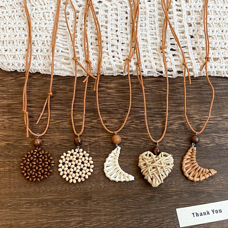 البوهيمي نمط القش جديلة الحب القمر النسيج قلادة للنساء فتاة هدايا عيد ميلاد الصيف عطلة الشاطئ رقبة طويلة #3