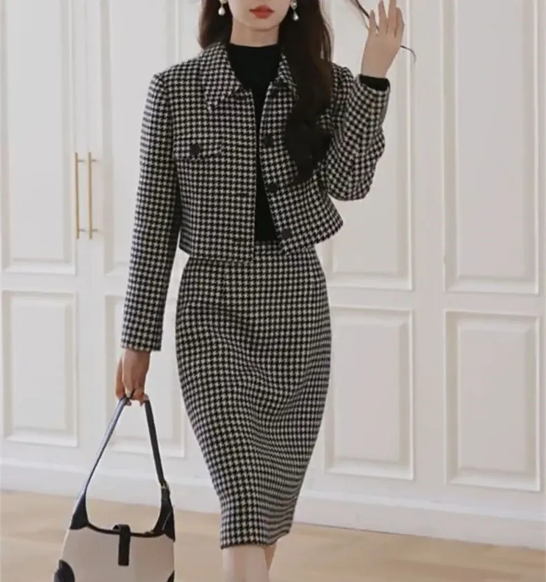 

UNXX 2023 Autumn/Winter Houndstooth Set for Women New Wool Chic Style Coat and Skirt Three-piece Set Female Office Lady Clothing