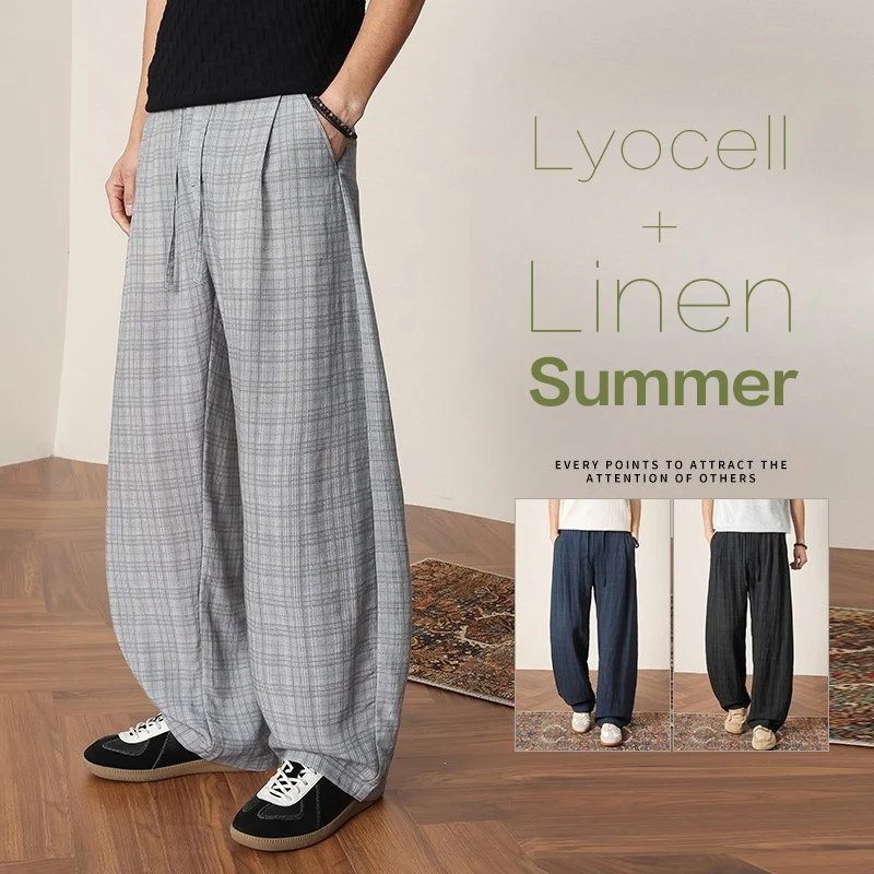 

Мужские летние брюки 2026 из лиоцелла и льна в полоску и клетку, широкие, повседневные, винтажные, свободные, удобные, универсальные, длинные