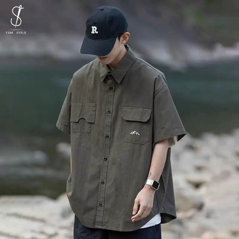 Loose Casual Short Sleeve Shirt Men's Summer Workwear Five-Button Pocket Shirt Japanese Style Functional Irregular Pocket view 3
