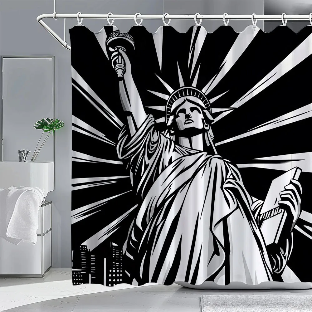 Black White Statue of Liberty Shower Curtain, New York City Skyline Print Waterproof Bath Curtain, Modern American Decor
