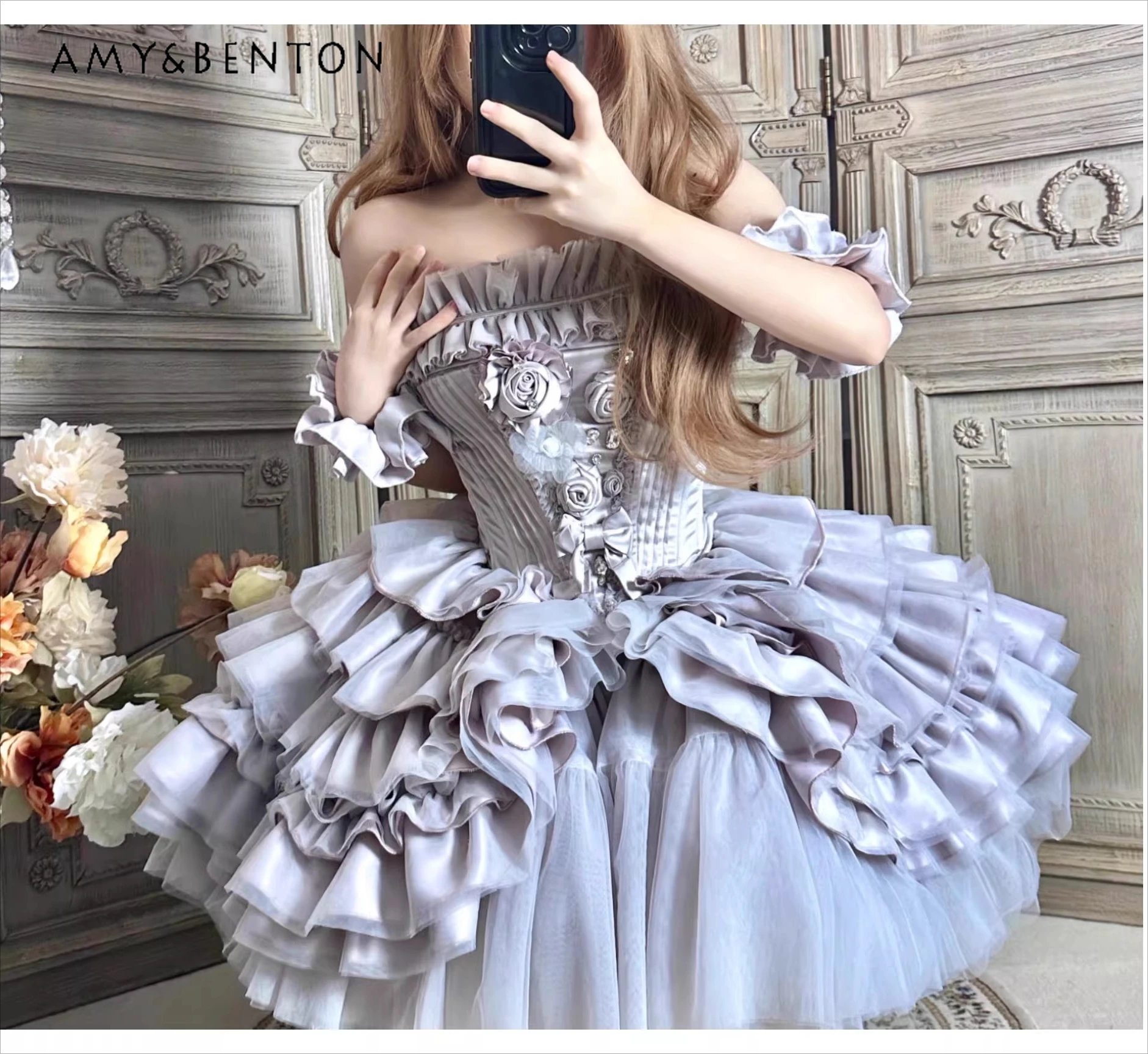 

Heavy Craft Fishbone Strapless Top Purple Skirt Set Necklace Armlet Lolita Outfit for Birthday Party Coming-of-Age Ceremony