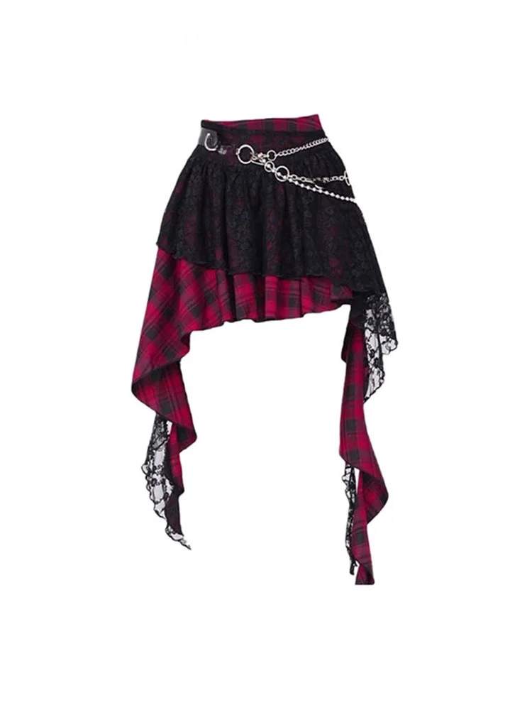 Y2K 밀레니엄 스파이시 걸 체크 레이스 스커트 여성 여름 디자인 비대칭 튤 스커트 하이웨이스트 A라인