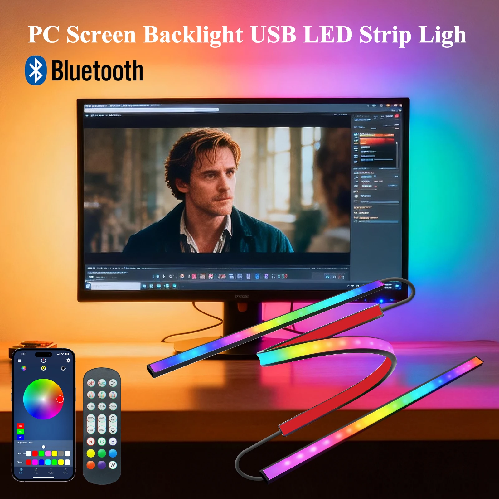 

Светодиодная RGB-лента 5В с Bluetooth и USB-подключением для подсветки экрана, 24-клавишный пульт ДУ, комплект с функцией синхронизации музыки и управлением через приложение для создания атмосферы на вечеринках и в игровых комнатах