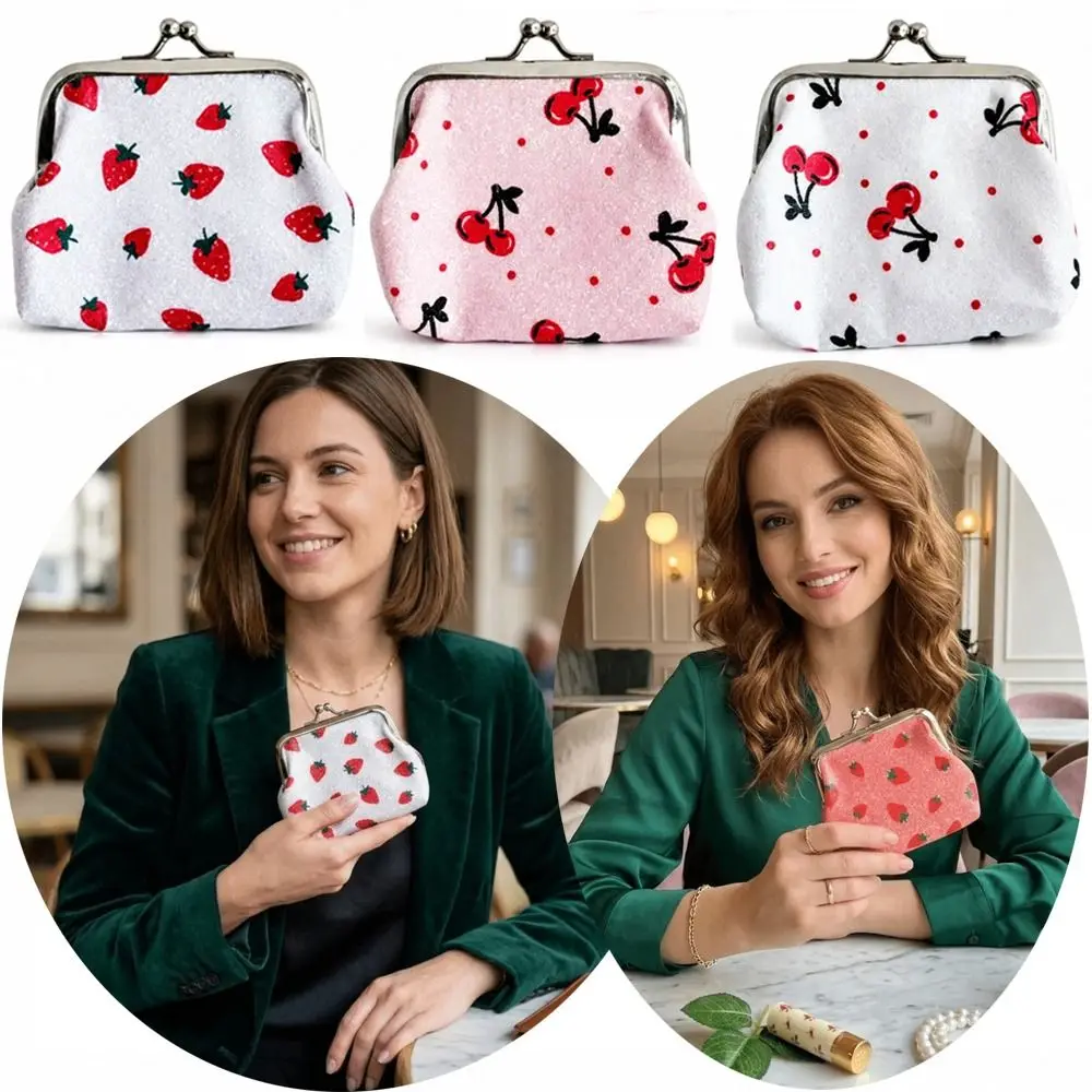 Fruit Pattern Coin Purse Hasp Closure Multifunctional Lipstick Pouch Small Strawberry Cherry Print Cosmetic Bag for Girls