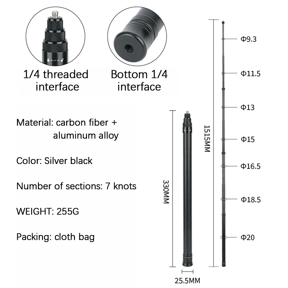 3M Carbon Fiber Uitschuifbare Monopod Extended Edition Onzichtbare Selfie Stick voor Insta360 X3 X2 voor GoPro 9 10 11 12 Stick Statief