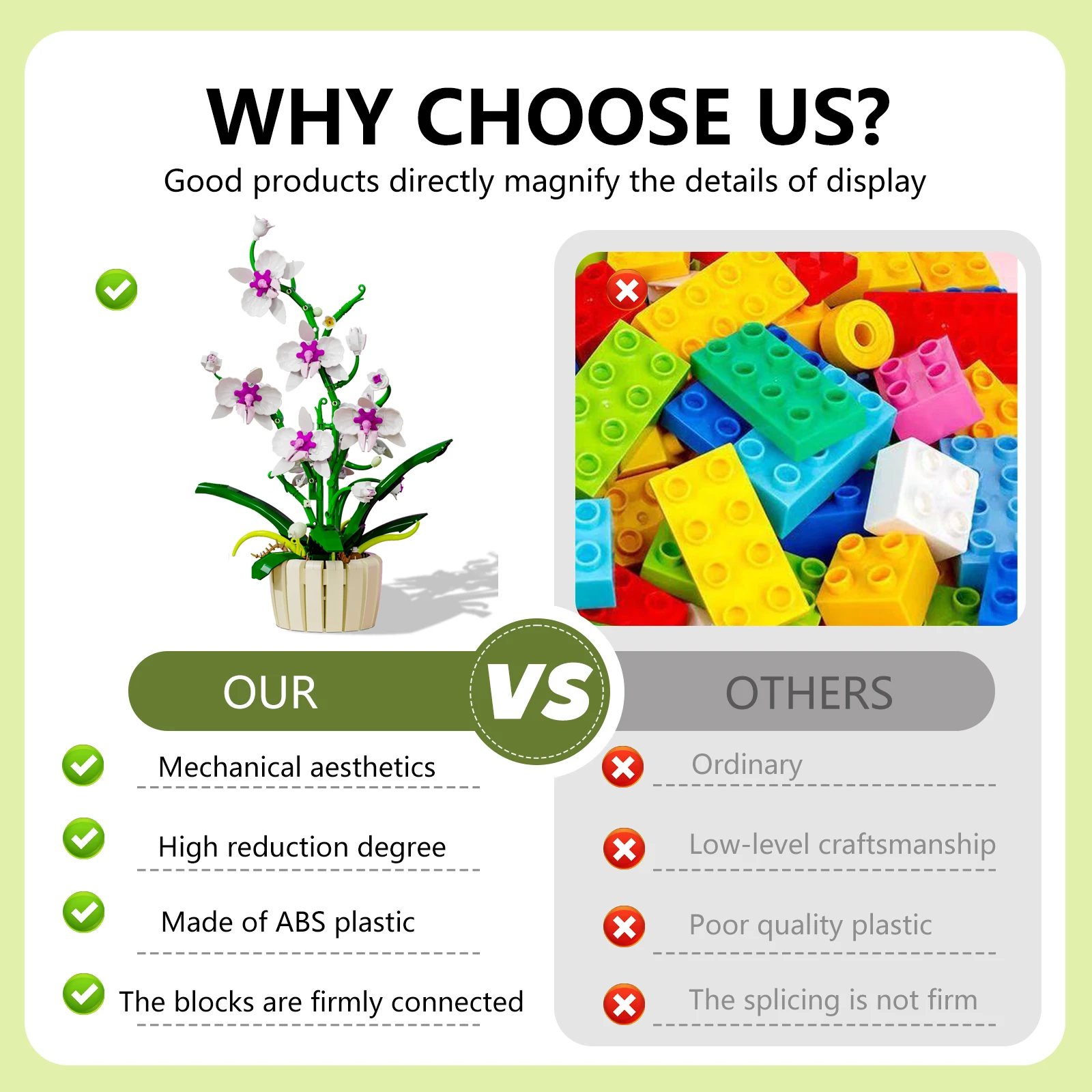 ชุดตัวต่อดอกกล้วยไม้สีขาว-ม่วง— แต่ละชิ้นของตัวต่อรูปดอกไม้จะมีลวดลายสลักอย่างละเอียด เหมาะสำหรับตกแต่งบ้านหรือใช้เป็นของตกแต่ง