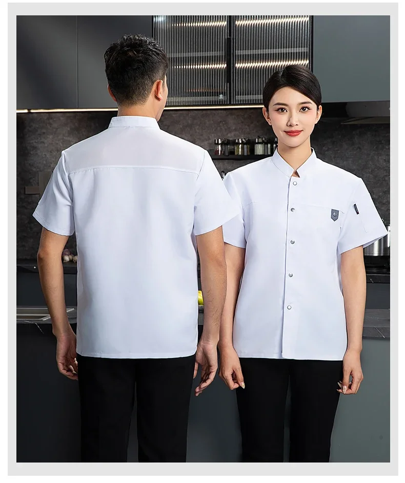 Tablier d'uniforme de chef avec logo pour homme, veste à manches courtes, manteau de chef respirant, vêtements de travail noirs, objectifs de chef, cuisine de restaurant, été